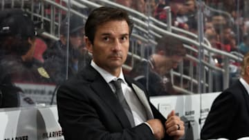 GLENDALE, ARIZONA - NOVEMBER 27: Head coach Dallas Eakins of the Anaheim Ducks looks on from the bench during second period action against the Arizona Coyotes at Gila River Arena on November 27, 2019 in Glendale, Arizona. (Photo by Norm Hall/NHLI via Getty Images)