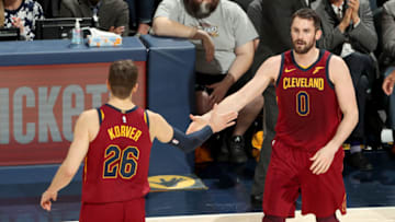 INDIANAPOLIS, IN - APRIL 20: Kyle Korver #26 and Kevin Love #0 of the Cleveland Cavaliers high five during the game against the Indiana Pacers in Game Three of Round One of the 2018 NBA Playoffs on April 20, 2018 at Bankers Life Fieldhouse in Indianapolis, Indiana. NOTE TO USER: User expressly acknowledges and agrees that, by downloading and or using this Photograph, user is consenting to the terms and conditions of the Getty Images License Agreement. Mandatory Copyright Notice: Copyright 2018 NBAE (Photo by Nathaniel S. Butler/NBAE via Getty Images)