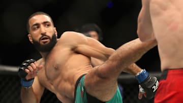 LAS VEGAS, NV - JULY 08: (L-R) Belal Muhammad kicks Jordan Mein in their welterweight bout during the UFC 213 event at T-Mobile Arena on July 8, 2017 in Las Vegas, Nevada. (Photo by Christian Petersen/Zuffa LLC/Zuffa LLC via Getty Images)