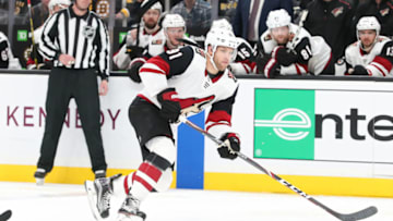 BOSTON, MA - FEBRUARY 08: Arizona Coyotes Left Wing Taylor Hall (91) moves the puck up ice during the game between Coyotes and Bruins on February 08, 2020, at TD Garden in Boston, Massachusetts.(Photo by Mark Box/Icon Sportswire via Getty Images)