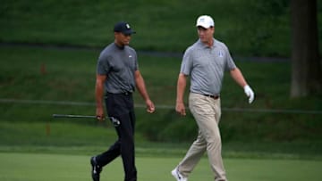 DUBLIN, OHIO - MAY 29: Tiger Woods and Peyton Manning walk down the fairway on the first hole during the Pro -Am of The Memorial Tournament presented by Nationwide at Muirfield Village Golf Club on May 29, 2019 in Dublin, Ohio. (Photo by Andy Lyons/Getty Images)