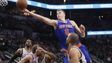 Jan 8, 2016; San Antonio, TX, USA; New York Knicks power forward Kristaps Porzingis (6) reaches for a rebound against the San Antonio Spurs during the second half at AT&T Center. Mandatory Credit: Soobum Im-USA TODAY Sports
