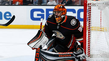 ANAHEIM, CA - APRIL 4: Ryan Miller #30 of the Anaheim Ducks holds the crease during the game against the Minnesota Wild on April 4, 2018 at Honda Center in Anaheim, California. (Photo by Debora Robinson/NHLI via Getty Images)