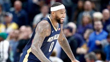 INDIANAPOLIS, IN - NOVEMBER 07: DeMarcus Cousins #0 of the New Orleans Pelicans celebrates after tipping in a basket in the final minute of the fourth quarter against the Indiana Pacers at Bankers Life Fieldhouse on November 7, 2017 in Indianapolis, Indiana. (Photo by Andy Lyons/Getty Images)
