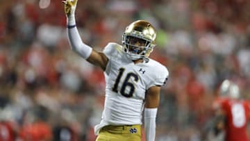 Sep 3, 2022; Columbus, Ohio, USA; Notre Dame Fighting Irish safety Brandon Joseph (16) reacts to the missed field goal during the second quarter against the Ohio State Buckeyes at Ohio Stadium. Mandatory Credit: Joseph Maiorana-USA TODAY Sports
