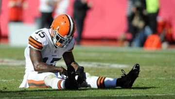 Oct 27, 2013; Kansas City, MO, USA; Cleveland Browns wide receiver Davone Bess (15) reacts after missing a pass during the second half of the game against the Kansas City Chiefs at Arrowhead Stadium. The Chiefs won 23-17. Mandatory Credit: Denny Medley-USA TODAY Sports