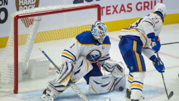 Oct 24, 2023; Ottawa, Ontario, CAN; Buffalo Sabres goalie Ukko-Pekka Luukkonen (1) makes a save in the third period against the Ottawa Senators at the Canadian Tire Centre. Mandatory Credit: Marc DesRosiers-USA TODAY Sports