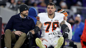 BALTIMORE, MARYLAND - NOVEMBER 28: Jack Conklin #78 of the Cleveland Browns is injured during a game against the Baltimore Ravens at M&T Bank Stadium on November 28, 2021 in Baltimore, Maryland. (Photo by Rob Carr/Getty Images)