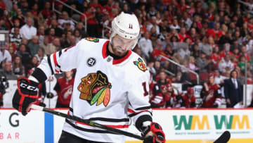 GLENDALE, ARIZONA - MARCH 26: Brendan Perlini #11 of the Chicago Blackhawks during the third period of the NHL game against the Arizona Coyotes at Gila River Arena on March 26, 2019 in Glendale, Arizona. The Coyotes defeated the Blackhawks 1-0. (Photo by Christian Petersen/Getty Images)