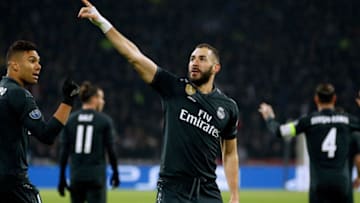 AMSTERDAM, NETHERLANDS - FEBRUARY 13: Karim Benzema of Real Madrid celebrate 0-1 during the UEFA Champions League match between Ajax v Real Madrid at the Johan Cruijff Arena on February 13, 2019 in Amsterdam Netherlands (Photo by David S. Bustamante/Soccrates/Getty Images)