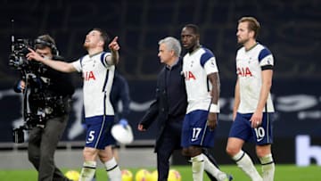 Tottenham Hotspur's Danish midfielder Pierre-Emile Hojbjerg (L), Tottenham Hotspur's Portuguese head coach Jose Mourinho (C), Tottenham Hotspur's French midfielder Moussa Sissoko (2nd R) and Tottenham Hotspur's English striker Harry Kane (R) November 21, 2020. (Photo by KIRSTY WIGGLESWORTH/POOL/AFP via Getty Images)