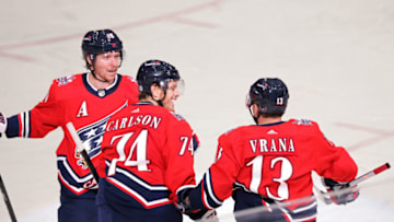 Jakub Vrana, John Carlson, Nicklas Backstrom, Washington Capitals Mandatory Credit: Geoff Burke-USA TODAY Sports