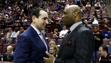 TALLAHASSEE, FL - FEBRUARY 09: Head Coach Mike Krzyzewski of the Duke Blue Devils talks with Head Coach Leonard Hamilton of the Florida State Seminoles before the game at the Donald L. Tucker Center on February 9, 2015 in Tallahassee, Florida. 4th ranked Duke defeated Florida State 73 to 70. (Photo by Don Juan Moore/Getty Images)