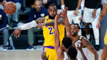 LAKE BUENA VISTA, FLORIDA - AUGUST 10: LeBron James #23 of the Los Angeles Lakers passes the ball during the second half at The Arena at ESPN Wide World Of Sports Complex on August 10, 2020 in Lake Buena Vista, Florida. NOTE TO USER: User expressly acknowledges and agrees that, by downloading and or using this photograph, User is consenting to the terms and conditions of the Getty Images License Agreement. (Photo by Ashley Landis-Pool/Getty Images)