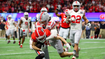 Ladd McConkey #84 of the Georgia Bulldogs scores a two-point-conversion during the fourth quarter against the Ohio State Buckeyes (Photo by Kevin C. Cox/Getty Images)