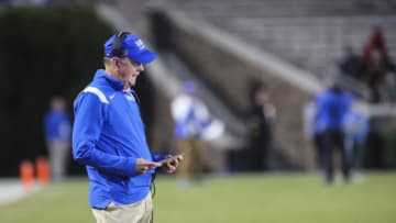 Nov 18, 2021; Durham, North Carolina, USA; Duke Blue Devils head coach David Cutcliffe during the 2nd half of the game against the Louisville Cardinals at Wallace Wade Stadium. Mandatory Credit: Jaylynn Nash-USA TODAY Sports