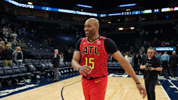 MINNEAPOLIS, MN - FEBRUARY 5: Vince Carter #15 of the Atlanta Hawks smiles after the game against the Minnesota Timberwolves on February 5, 2020 at Target Center in Minneapolis, Minnesota. NOTE TO USER: User expressly acknowledges and agrees that, by downloading and or using this Photograph, user is consenting to the terms and conditions of the Getty Images License Agreement. Mandatory Copyright Notice: Copyright 2020 NBAE (Photo by Jordan Johnson/NBAE via Getty Images)