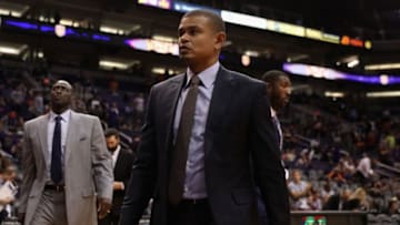 PHOENIX, AZ - OCTOBER 18: Head coach Earl Watson of the Phoenix Suns reacts as he walks off the court following the NBA game against the Portland Trail Blazers at Talking Stick Resort Arena on October 18, 2017 in Phoenix, Arizona. The Trail Blazers defeated the Suns 124-76. NOTE TO USER: User expressly acknowledges and agrees that, by downloading and or using this photograph, User is consenting to the terms and conditions of the Getty Images License Agreement. (Photo by Christian Petersen/Getty Images)