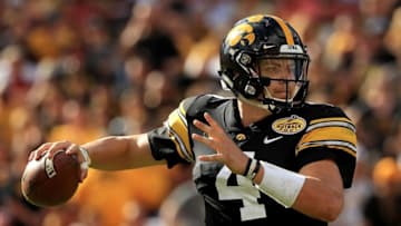 TAMPA, FL - JANUARY 01: Nate Stanley #4 of the Iowa Hawkeyes passes during the 2019 Outback Bowl against the Mississippi State Bulldogs at Raymond James Stadium on January 1, 2019 in Tampa, Florida. (Photo by Mike Ehrmann/Getty Images)