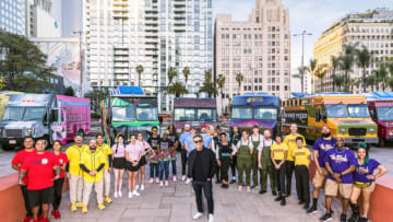 The Cast of The Great food Truck Race (left to right: Da Bald Guy, D’Pura Cepa, Lisa's Creperie, 2 Girls Jamaican Tacos, Paisani, 4 Hens Creole, The Easy Vegan, Khana, and The Block, as seen on The Great Food Truck Race, Season 16.