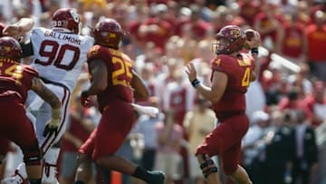 Iowa State's Zeb Noland (4) passes during their football game against Oklahoma at Jack Trice Stadium on Saturday, Sept. 15, 2018 in Ames. Oklahoma would go on to win 37-27.0915 Isuvokfball Bp 51 Jpg