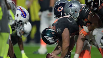 Jan 25, 2015; Phoenix, AZ, USA; General view of the line of scrimmage as Team Irvin long snapper Jon Dorenbos of the Philadelphia Eagles (46) snaps the ball against Team Carter in the 2015 Pro Bowl at University of Phoenix Stadium. Mandatory Credit: Kirby Lee-USA TODAY Sports