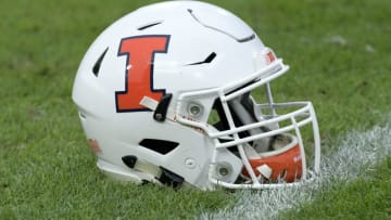 WEST LAFAYETTE, IN - NOVEMBER 04: An Illinois football helmet sits on the field before the start of the Big Ten Conference game between the Illinois Fighting Illini and the Purdue Boilermakers on November 4, 2017, at Ross-Ade Stadium in West Lafayette, Indiana. (Photo by Michael Allio/Icon Sportswire via Getty Images)