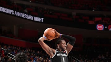 DETROIT, MI - FEBRUARY 8: Reggie Jackson #1 of the Detroit Pistons passes the ball against the New York Knicks on February 8, 2019 at Little Caesars Arena in Detroit, Michigan. NOTE TO USER: User expressly acknowledges and agrees that, by downloading and/or using this photograph, User is consenting to the terms and conditions of the Getty Images License Agreement. Mandatory Copyright Notice: Copyright 2019 NBAE (Photo by Chris Schwegler/NBAE via Getty Images)