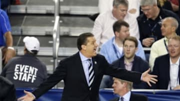 Apr 7, 2014; Arlington, TX, USA; Kentucky Wildcats head coach John Calipari reacts during the championship game of the Final Four against the Connecticut Huskies in the 2014 NCAA Mens Division I Championship tournament at AT&T Stadium. Mandatory Credit: Matthew Emmons-USA TODAY Sports