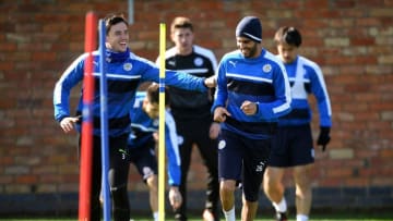 LEICESTER, ENGLAND - MARCH 13: Ben Chilwell of Leicester City (L) and Riyad Mahrez of Leicester City (R) warm up during a Leicester City Training Session ahead of their UEFA Champions League Round of 16 match against Seville at Belvoir Drive on March 13, 2017 in Leicester, England. (Photo by Michael Regan/Getty Images)