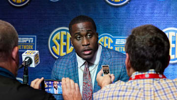 Auburn footballJul 21, 2022; Atlanta, GA, USA; Auburn Tigers player Derick Hall answers questions during SEC Media Days at the College Football Hall of Fame. Mandatory Credit: Dale Zanine-USA TODAY Sports