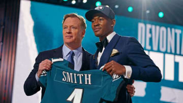 Apr 29, 2021; Cleveland, Ohio, USA; DeVonta Smith (Alabama) with NFL commissioner Roger Goodell after being selected by Philadelphia Eagles as the number ten overall pick in the first round of the 2021 NFL Draft at First Energy Stadium. Mandatory Credit: Kirby Lee-USA TODAY Sports