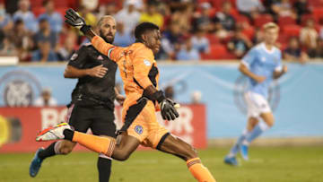 Aug 14, 2021; Harrison, New Jersey, USA; New York City FC goalkeeper Sean Johnson (1) clears the ball in the first half against Inter Miami CF at Red Bull Arena. Mandatory Credit: Wendell Cruz-USA TODAY Sports