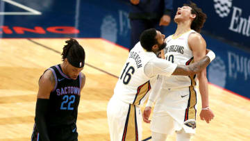 Jaxson Hayes #10 of the New Orleans Pelicans reacts with James Johnson (Photo by Sean Gardner/Getty Images)