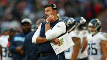 LONDON, ENGLAND - OCTOBER 21: Mike Vrabel of Tennessee Titans looks on during the NFL International Series match between Tennessee Titans and Los Angeles Chargers at Wembley Stadium on October 21, 2018 in London, England. (Photo by Naomi Baker/Getty Images)