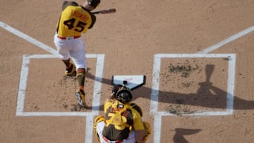Jul 11, 2016; San Diego, CA, USA; American League outfielder Mark Trumbo (45) of the Baltimore Orioles at bat in the quarterfinals during the All Star Game home run derby at PetCo Park. Mandatory Credit: Kirby Lee-USA TODAY Sports