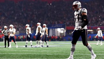 ATLANTA, GEORGIA - FEBRUARY 03: Rob Gronkowski #87 of the New England Patriots in the end zone during Super Bowl LIII against the Los Angeles Rams at Mercedes-Benz Stadium on February 03, 2019 in Atlanta, Georgia. (Photo by Maddie Meyer/Getty Images)