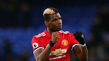 LIVERPOOL, ENGLAND - JANUARY 01: Paul Pogba of Manchester United celebrates victory during the Premier League match between Everton and Manchester United at Goodison Park on January 1, 2018 in Liverpool, England. (Photo by Jan Kruger/Getty Images)
