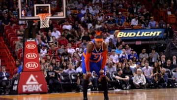 Feb 9, 2015; Miami, FL, USA; New York Knicks forward Carmelo Anthony (7) takes a breather during the first half against the Miami Heat at American Airlines Arena. Mandatory Credit: Steve Mitchell-USA TODAY Sports