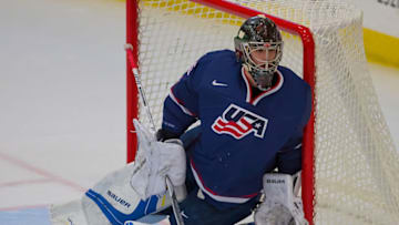 DETROIT, MI - AUGUST 02: Keith Petruzzelli #35 of the USA follows the play against Sweden during a World Jr. Summer Showcase game at USA Hockey Arena on August 2, 2017 in Plymouth, Michigan. The USA defeated Sweden 3-2. (Photo by Dave Reginek/Getty Images) *** Local Caption *** Keith Petruzzelli
