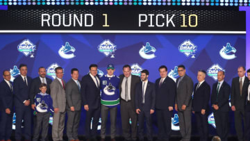 VANCOUVER, BC - JUNE 21: Vasily Podkolzin is selected tenth overall by the Vancouver Canucks during Round One of the 2019 NHL Draft at Rogers Arena on June 21, 2019 in Vancouver, Canada. (Photo by Devin Manky/Icon Sportswire via Getty Images)