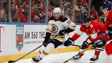 SUNRISE, FL - DECEMBER 14: Brian Boyle #9 of the Florida Panthers defends against Charlie Coyle #13 of the Boston Bruins at the BB&T Center on December 14, 2019 in Sunrise, Florida. (Photo by Joel Auerbach/Icon Sportswire via Getty Images)