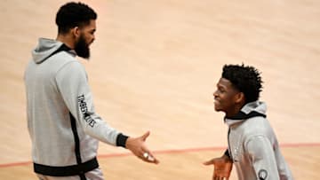 Karl-Anthony Towns and Anthony Edwards of the Minnesota Timberwolves. (Photo by Will Newton/Getty Images)
