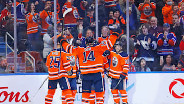 Edmonton Oilers Celebrating Goal Mandatory Credit: Perry Nelson-USA TODAY Sports