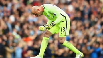 MANCHESTER, ENGLAND - MAY 16: Willy Caballero of Manchester City celebrates his sides first goal during the Premier League match between Manchester City and West Bromwich Albion at Etihad Stadium on May 16, 2017 in Manchester, England. (Photo by Clive Mason/Getty Images)