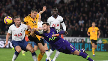 WOLVERHAMPTON, ENGLAND - NOVEMBER 03: Hugo Lloris of Tottenham Hotspur makes a save from Conor Coady of Wolverhampton Wanderers during the Premier League match between Wolverhampton Wanderers and Tottenham Hotspur at Molineux on November 3, 2018 in Wolverhampton, United Kingdom. (Photo by Ross Kinnaird/Getty Images)