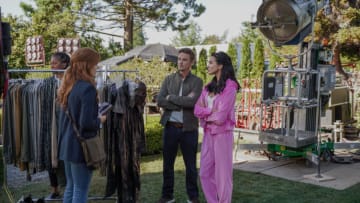Nancy Drew -- “The Return of the Killer’s Hook” -- Image Number: NCD404a_0098r -- Pictured (L-R): Kennedy McMann as Nancy Drew, Riley Smith as Ryan Hudson, and Maddison Jaizani as Bess -- Photo Credit: Colin Bentley/The CW--© 2023 The CW Network, LLC. All Rights Reserved.