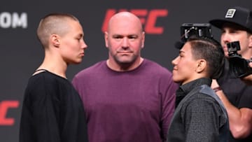 ATLANTA, GA - APRIL 12: (L-R) Rose Namajunas and Jessica Andrade of Brazil face off during the UFC Seasonal Press Conference inside State Farm Arena on April 12, 2019 in Atlanta, Georgia. (Photo by Josh Hedges/Zuffa LLC/Zuffa LLC via Getty Images)