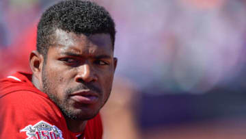 MONTERREY, MEXICO - APRIL 14: Yasiel Puig #66 of the Cincinnati Reds looks on during the second game of the Mexico Series between the Cincinnati Reds and the St. Louis Cardinals at Estadio de Beisbol Monterrey on April 14, 2019 in Monterrey, Nuevo Leon. (Photo by Azael Rodriguez/Getty Images)