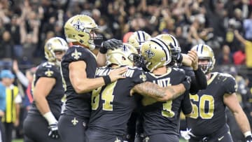 NEW ORLEANS, LA - NOVEMBER 19: New Orleans Saints kicker Wil Lutz (3) is mobbed after kicking the game winning field goal in overtime against the Washington Redskins at the Superdome. (Photo by Jonathan Newton/The Washington Post via Getty Images)